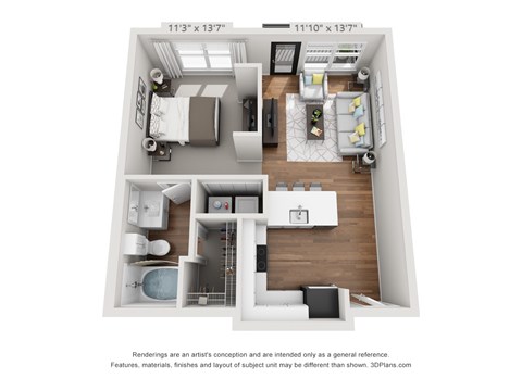 Floor plan for 1 bed, 1 bath, 609 sqft